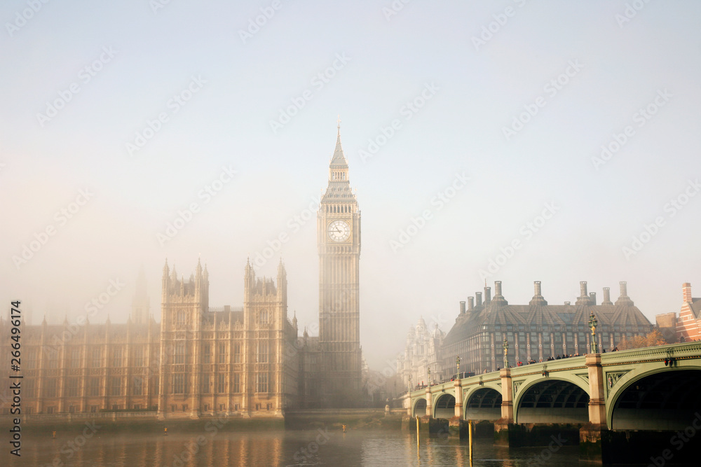 Palace of Westminster and Westminster Bridge in fog