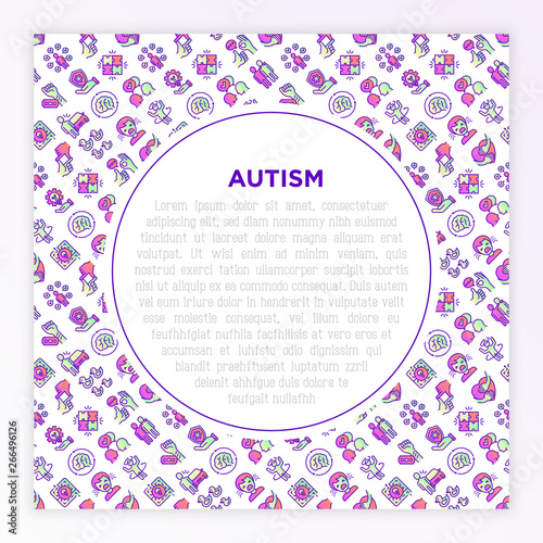 Autism concept, symptoms and adaptive skills thin line icons: repetitive behavior, stereotypy, ignoring of danger, autoaggression, hysterics, communication, social interaction. Vector illustration.