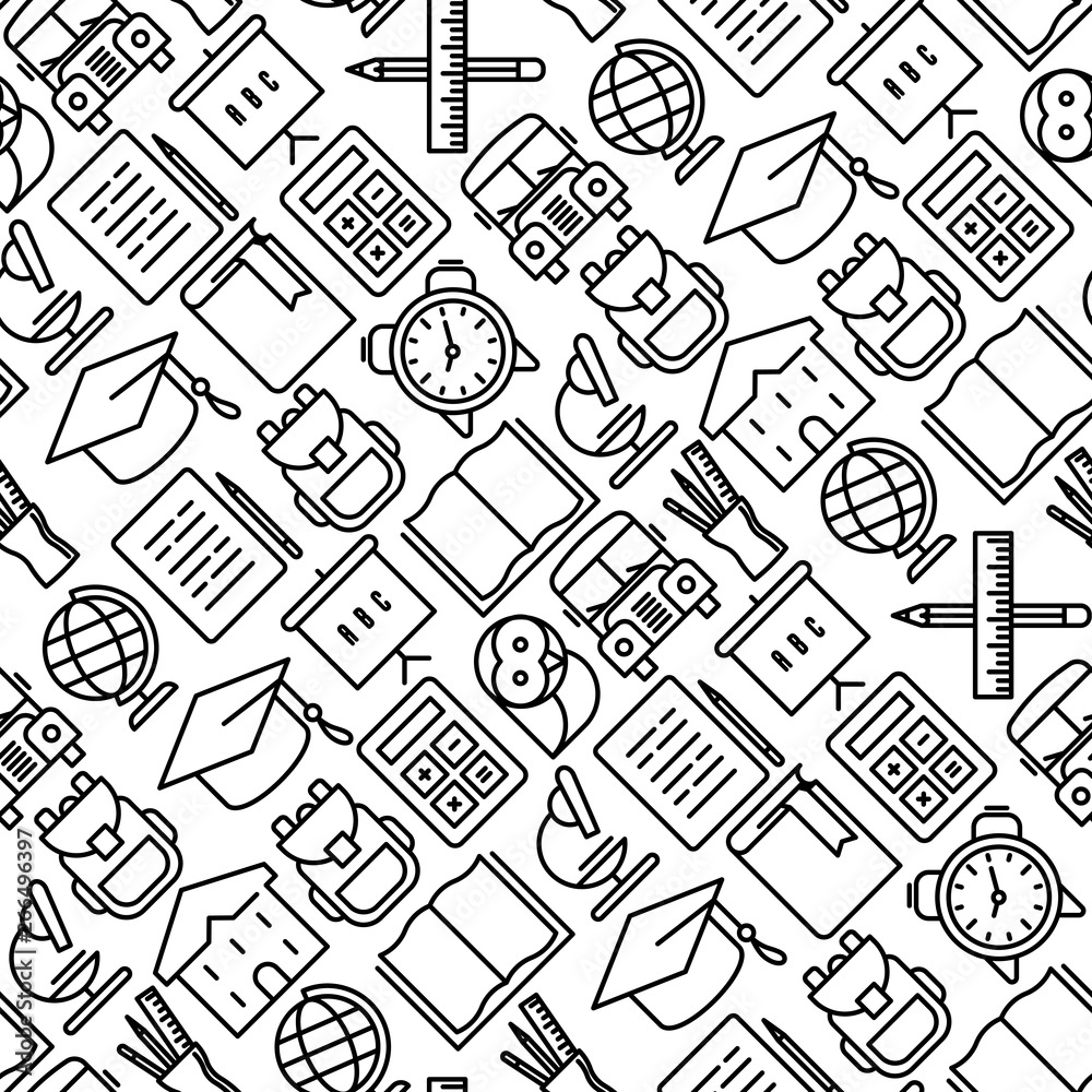 Back to school seamless pattern with thin line icons in circle: school bus, globe, books, backpack, calculator, pen, pencil. Vector illustration for background. Back to school seamless pattern with thin line icons in circle: school bus, globe, books, backpack, calculator, pen, pencil. Vector illustration for background.