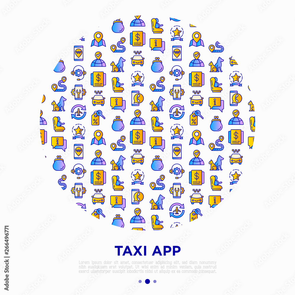 Taxi app concept in circle with thin line icons: payment method, promocode, app settings, info, support service, phone number, airport transfer, baby seat. Vector illustration for print media.