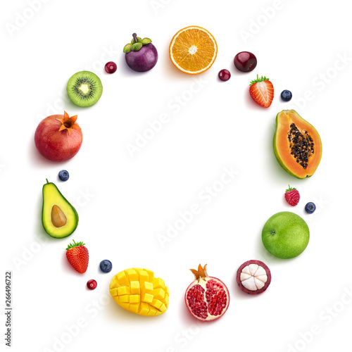 Various fruits and berries isolated on white background, top view, round frame of fruits with empty space for text