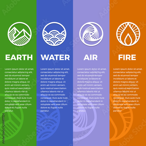 4 elements of nature symbols circle line boder line modern sharp style with earth , fire , air and water vector design
