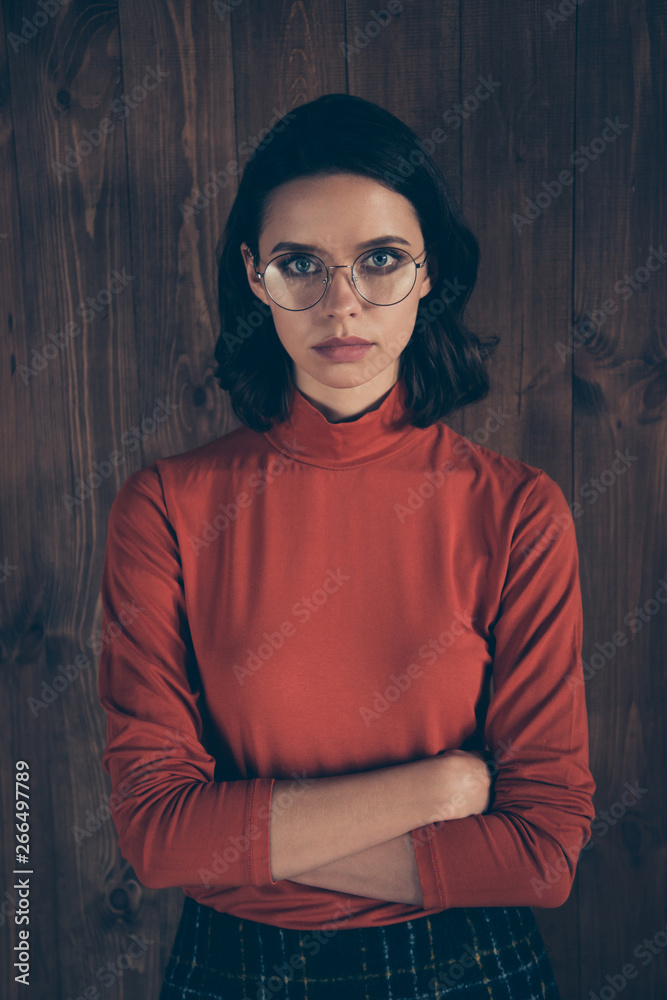 Fototapeta premium Portrait of clever concentrated focused finance financier investment investor style stylish trendy beautiful brunette hairstyle hair wear red sweater modern specs interior 