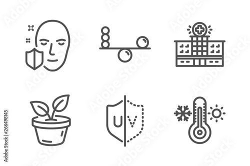 Balance, Hospital building and Uv protection icons simple set. Leaves, Face protection and Thermometer signs. Concentration, Medical help. Healthcare set. Line balance icon. Editable stroke. Vector