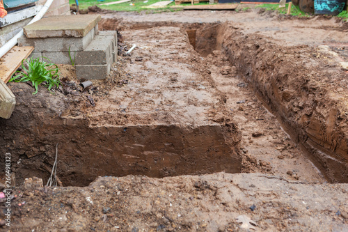 Dug and prepared foundations around the house, selective focus
