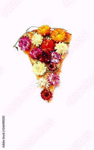 piece pizza slice pink background flower green purple yellow lilac bouquet bunch daisy white