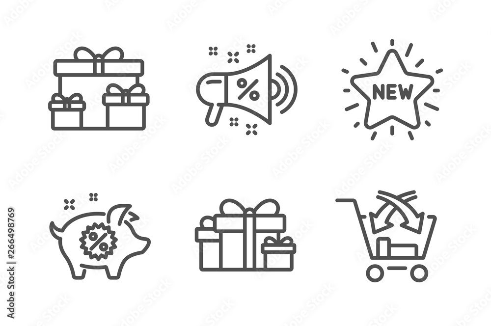 Holiday presents, Surprise boxes and Sale megaphone icons simple set. Piggy sale, New star and Cross sell signs. Gift boxes, Holiday gifts. Holidays set. Line holiday presents icon. Editable stroke