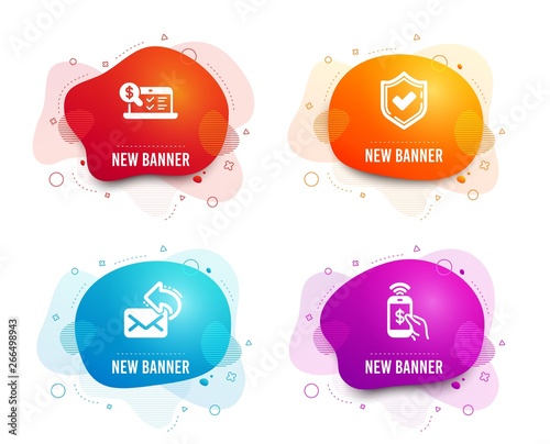 Liquid badges. Set of Confirmed, Share mail and Online accounting icons. Phone payment sign. Accepted message, New e-mail, Web audit. Mobile pay.  Gradient confirmed icon. Flyer fluid design. Vector