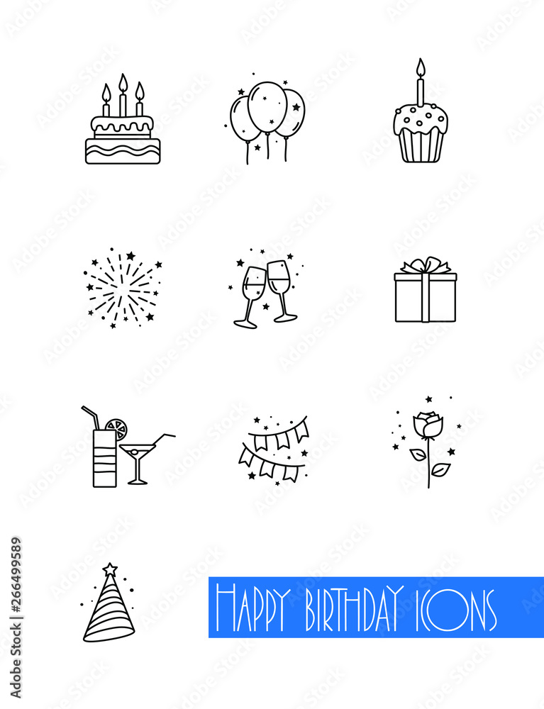 Happy birthday icons on white background. Vector illustration.