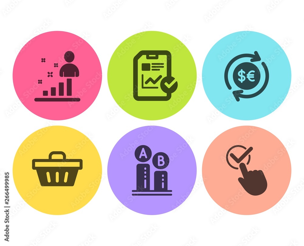 Report checklist, Shopping basket and Ab testing icons simple set. Money currency, Stats and Checkbox signs. Sales growth file, Sale offer. Business set. Flat report checklist icon. Circle button Report checklist, Shopping basket and Ab testing icons simple set. Money currency, Stats and Checkbox signs. Sales growth file, Sale offer. Business set. Flat report checklist icon. Circle button