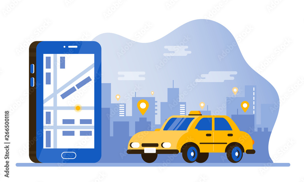 Mobile taxi. Online taxi service smartphone app. People get taxi at cell phone. Vector concept online taxi transportation or car sharing, app mobile service illustration. Big city silhouette