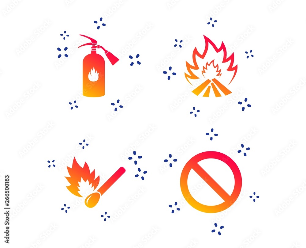 Fire flame icons. Fire extinguisher sign. Prohibition stop symbol. Burning matchstick. Random dynamic shapes. Gradient fire icon. Vector Fire flame icons. Fire extinguisher sign. Prohibition stop symbol. Burning matchstick. Random dynamic shapes. Gradient fire icon. Vector