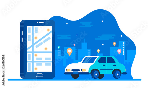 Car sharing service advertising. car standing near smartphone with app on screen. People get taxi at cell phone. Vector concept online transportation, mobile service illustration. Big city silhouette