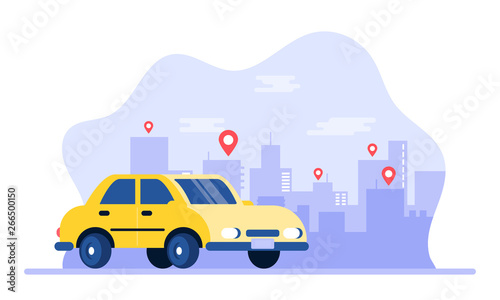 Mobile taxi. Online taxi service app. People get taxi. Vector concept online taxi transportation or car sharing, app mobile service illustration. Big city silhouette, location pin