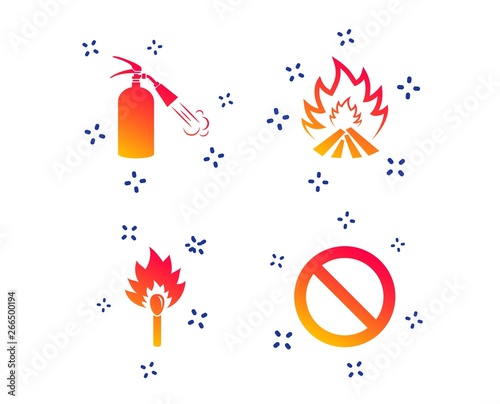 Fire flame icons. Fire extinguisher sign. Prohibition stop symbol. Burning matchstick. Random dynamic shapes. Gradient extinguisher icon. Vector