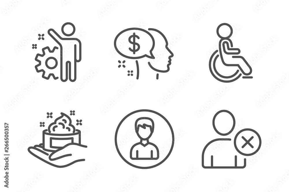Skin care, Disabled and Pay icons simple set. Employee, Person and Delete user signs. Hand cream, Handicapped wheelchair. People set. Line skin care icon. Editable stroke. Vector Skin care, Disabled and Pay icons simple set. Employee, Person and Delete user signs. Hand cream, Handicapped wheelchair. People set. Line skin care icon. Editable stroke. Vector