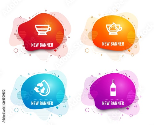 Liquid badges. Set of Mocha, Espresso cream and Recycle water icons. Wine bottle sign. Coffee cup, Cafe con panna, Refill aqua. Cabernet sauvignon.  Gradient mocha icon. Flyer fluid design. Vector