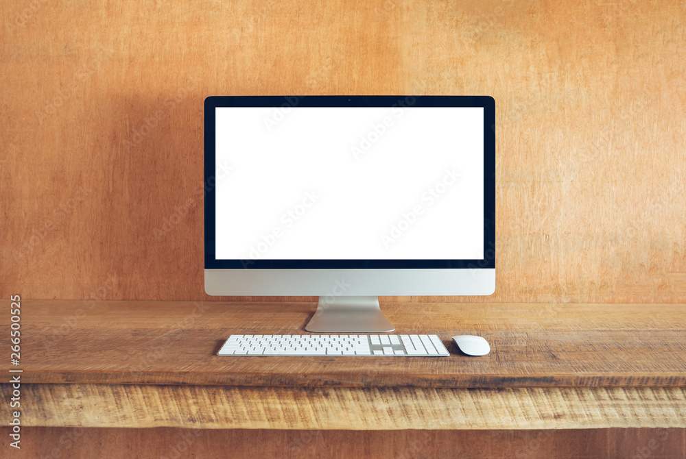 Blank Computer Monitor At Desk In home wood house Natural light Blank Computer Monitor At Desk In home wood house Natural light