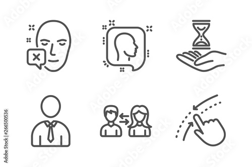 Time hourglass, Face declined and Human icons simple set. Head, People communication and Swipe up signs. Sand watch, Identification error. People set. Line time hourglass icon. Editable stroke. Vector