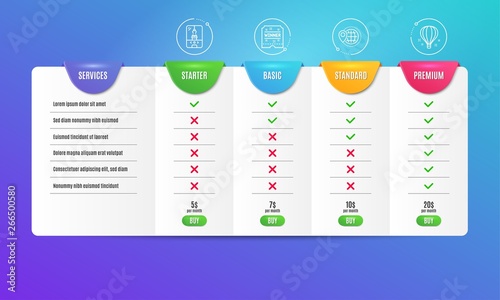 Crane claw machine, World travel and Winner ticket icons simple set. Comparison table. Air balloon sign. Attraction park, Map pointer, Carousels award. Sky travelling. Holidays set. Vector