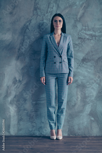 Full length body size photo beautiful she her business lady wait candidate worker interview look strict stand high-heels office wear specs formal-wear checkered plaid suit isolated grey background