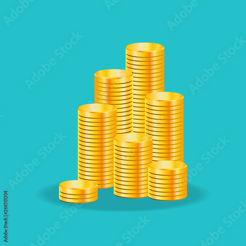 Vector illustration stacks of golden coins isolated on blue background.