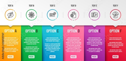 Cashback, Identification card and Versatile icons simple set. Travel passport, Copyright chat and T-shirt design signs. Non-cash payment, Person document. Infographic template. 6 steps timeline