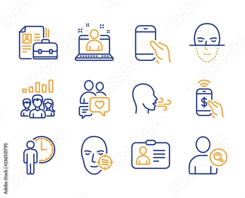 Vacancy, Waiting and Dating chat icons simple set. Teamwork results, Face recognition and Hold smartphone signs. Id card, Breathing exercise and Best manager symbols. Line vacancy icon. Colorful set