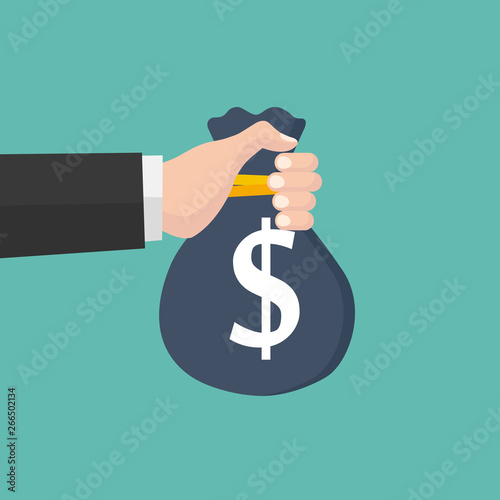 Give a full bag of money. Bag of money in hands of human. Big earnings. Earning money concept. Banking investment deposit.