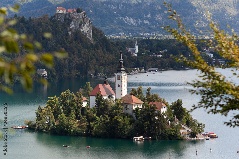 Lake Bled island view of Pilgrimage Church of the Assumption of Maria