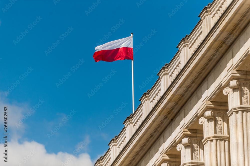 flaga Polski na tle nieba - obrazy, fototapety, plakaty 