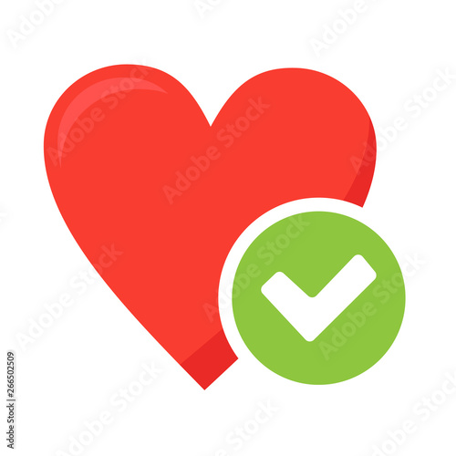 Heart tick icon vector illustration, flat healthy heart with checkmark symbol, health icon for websites or app.