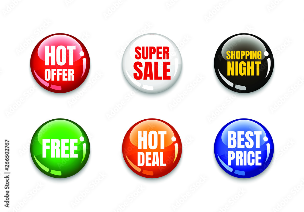 Product promotion glossy circle buttons or badges. Hot offer, super sale, shopping night, free, hot deal, best price lettering. Template for your design works. Vector illustration. Product promotion glossy circle buttons or badges. Hot offer, super sale, shopping night, free, hot deal, best price lettering. Template for your design works. Vector illustration.