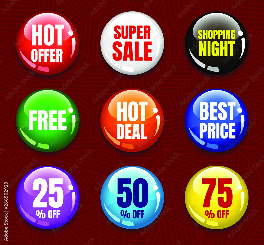 Product promotion glossy circle buttons or badges. Hot offer, super sale, shopping night, free, hot deal, best price lettering. Template for your design works. Vector illustration. Product promotion glossy circle buttons or badges. Hot offer, super sale, shopping night, free, hot deal, best price lettering. Template for your design works. Vector illustration.