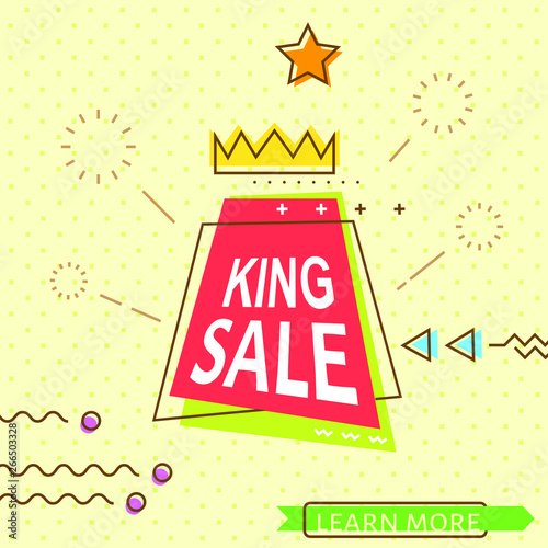 Trendy geometric promotional banner design. King offer lettering. Memphis style. Template for your design works. Vector illustration.