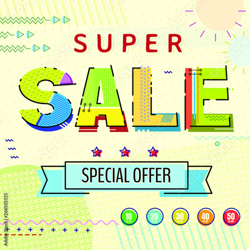 Trendy geometric promotional banner design.  Memphis style. Template for your design works. Vector illustration.