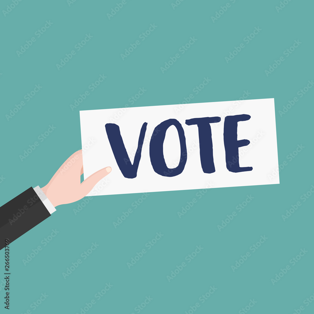 Voting concept in flat style - hand holding paper with text Voting concept in flat style - hand holding paper with text