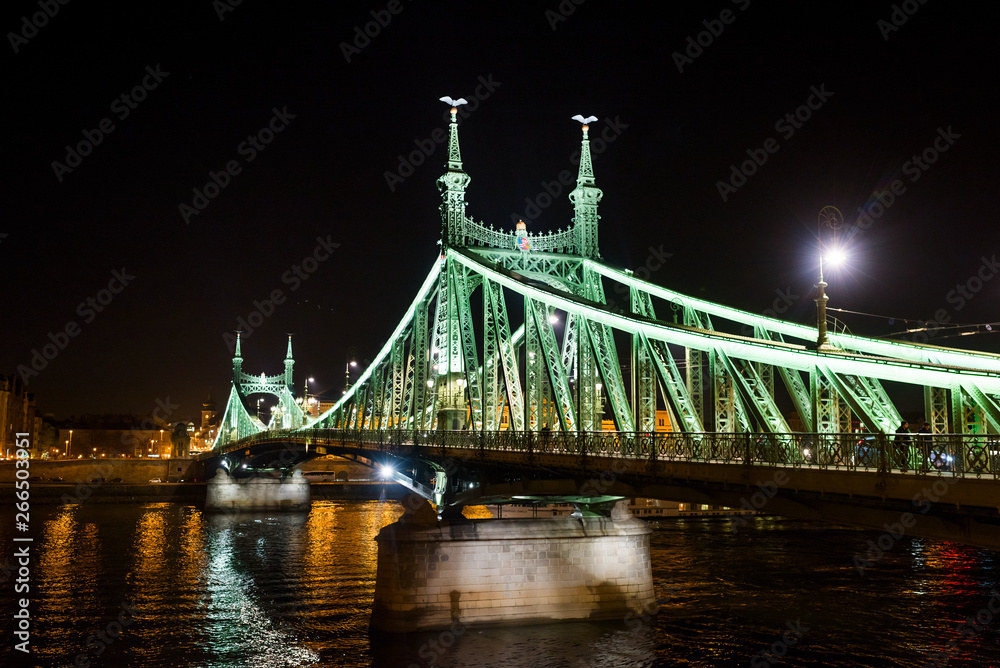 Obraz premium Budapest, March 8, 2018, Liberty Night Bridge over the Danube River in Hungary.