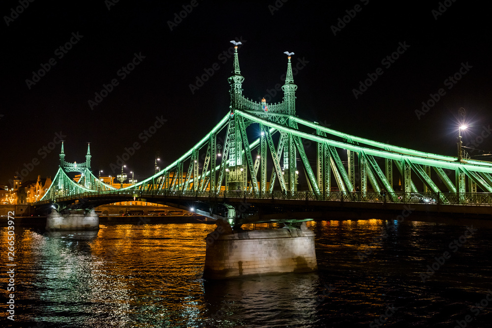 Obraz premium Budapest, March 8, 2018, Liberty Bridge over the Danube River, night view of the building from the side of the Gelard Mountain