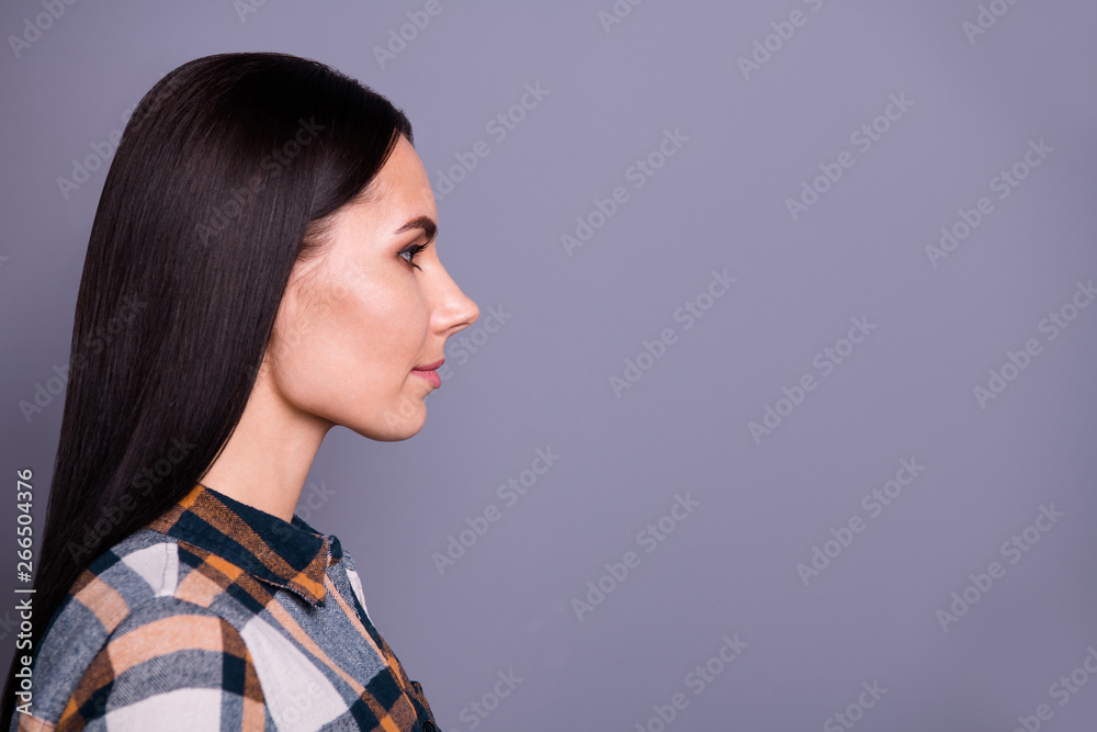 Profile side photo of nice pretty youth youngster look feel satisfied calm peaceful creative education studying learning wear fashionable checkered clothing isolated on silver background Profile side photo of nice pretty youth youngster look feel satisfied calm peaceful creative education studying learning wear fashionable checkered clothing isolated on silver background