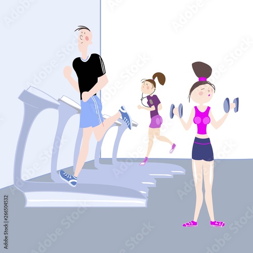 The picture shows young people, a boy and a girl, exercising in the gym, cardio exercises, running on a treadmill, color vector illustration for advertising of the sports complex