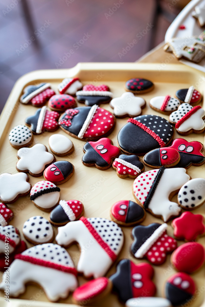 Iced, sweet gingerbreads decorated with sugar mass.