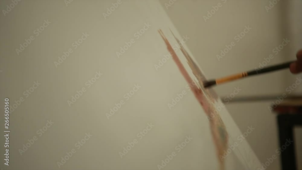 Senior painter painting on a canvas with a paintbrush isolated on white background