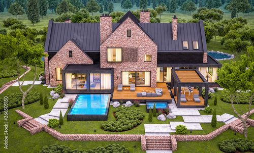 3d rendering of modern cozy clinker house on the ponds with garage and pool for sale or rent with beautiful landscaping on background. Clear summer evening with cozy light from window © korisbo