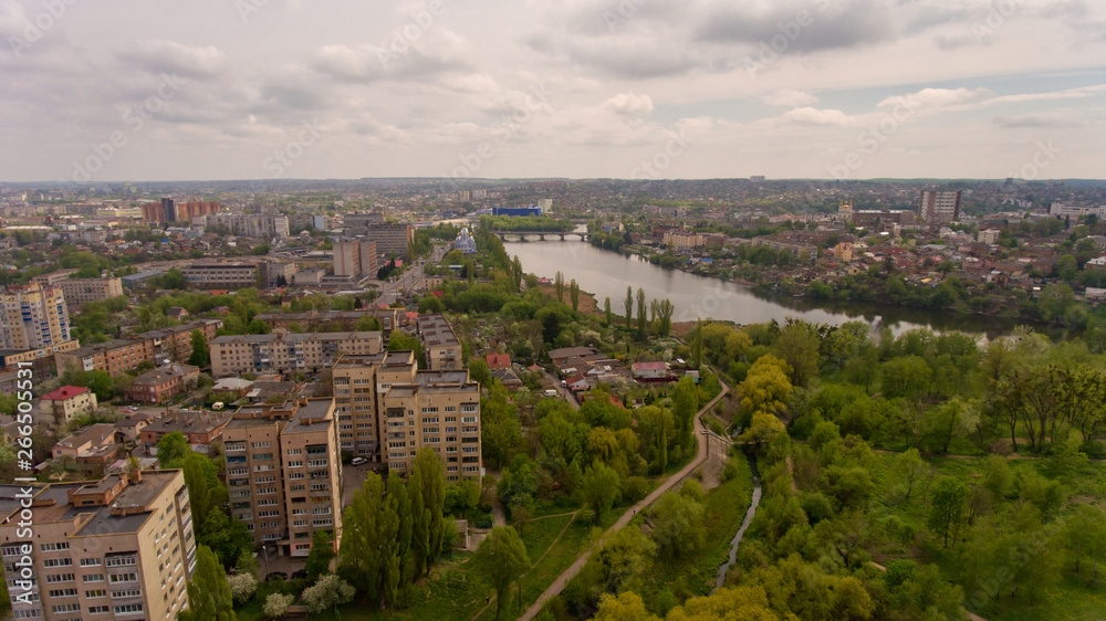 Aerial view of the river Southern Bug in the city of Vinnytsia.