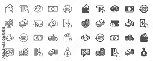 Money line icons. Set of Banking, Wallet and Coins icons. Credit card, Currency exchange and Cashback money service. Euro and Dollar, Cash wallet, exchange. Banking credit card, atm payment. Vector photo