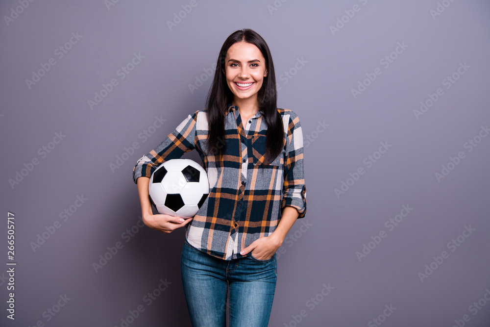 Close up photo amazing beautiful she her lady hold hands arms leather  football soccer ball want start begin practicing training wear casual jeans  denim checkered plaid shirt isolated grey background Stock Photo