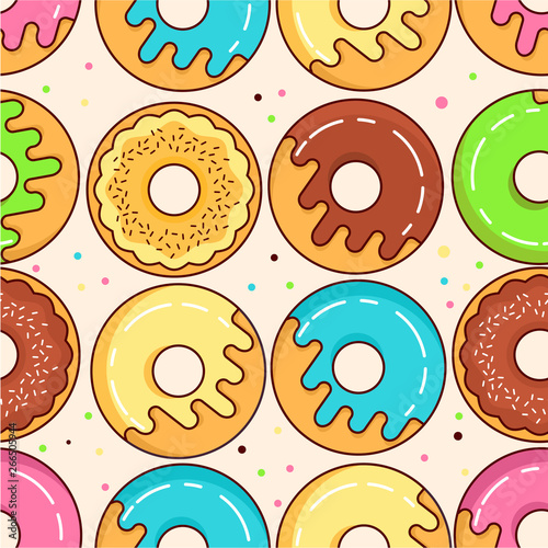 Seamless pattern glazed donuts. colorful pastries flat vector.Chocolate, vanilla, strawberry cream.