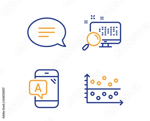 Ab testing, Chat and Search icons simple set. Dot plot sign. Phone test, Speech bubble, Find file. Presentation graph. Linear ab testing icon. Colorful design set. Vector