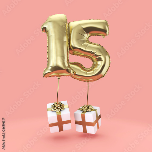 Number 15 birthday celebration gold foil helium balloon with presents. 3D Render